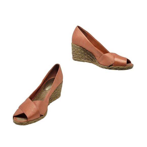 Adrienne Vittadini Bailee Satin Espadrille Wedge Heels 6 Peach Coral Peep Toe - Picture 5 of 12